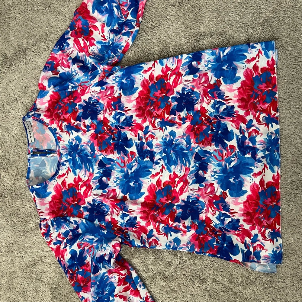 Ladies Floral Print Long Sleeve Top - Blue & Pink